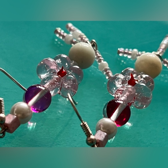 GIRLY HIPPIE - Pink White Silver - handmade natural amazonite hook earrings - Picture 7 of 11